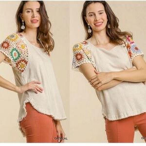 UMGEE Frayed Hem Linen Blend Colorful Crochet Sleeve Boho Tunic Top Size Small